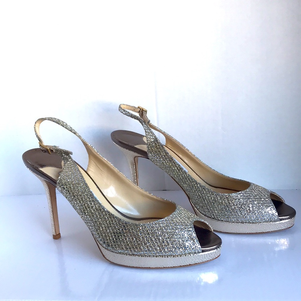Jimmy Choo Gold Glitter Slingback Peep-Toe Heels